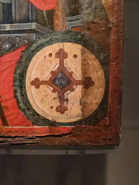 Close-up of shield medallion on Saint George icon